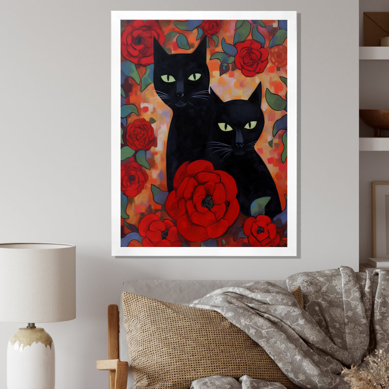 Deux chats noirs avec des roses rouges - imprimé, H 40 po x l 30 po x P 1,5 po, Cadre simple blanc