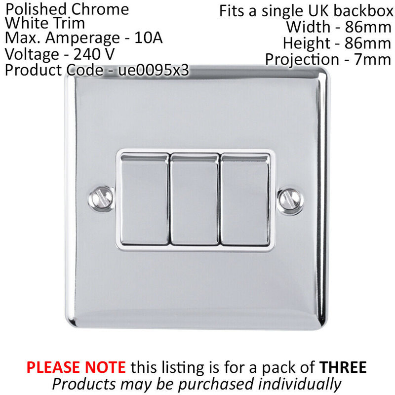 3 PACK 3 Gang Triple Metal Light Switch SATIN STEEL 2 Way 10A Black Trim, Silver/White, Polished Chrome