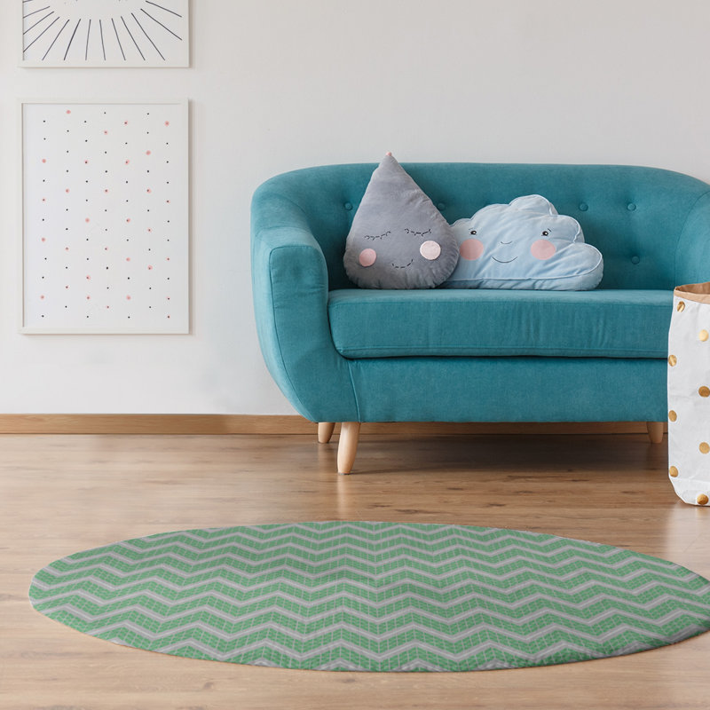 Tapis bleu/gris à chevrons à main, Rond 5 pi