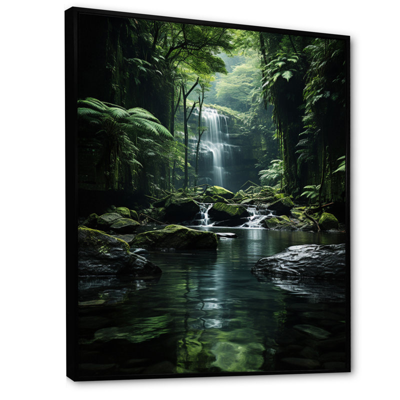 Waterfall Hidden Oasis Forest II, reproduction d'art sur toile, Cadre flottant noir, H 40 po x l 30 po x P 1,5 po