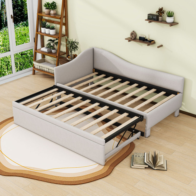 Twin Upholstered Daybed with Backrest and Twin Pop Up Trundle, Beige