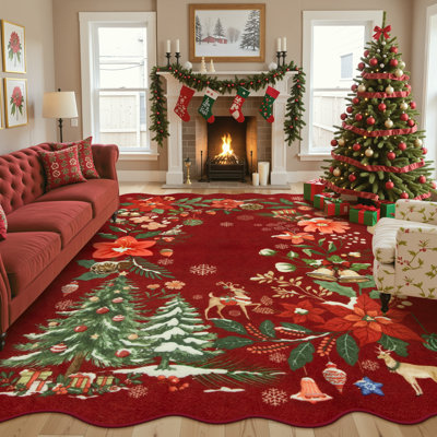 Floral Washable Scalloped Edged Christmas Red Area Rug For Living Room Bedroom Non Slip Low Pile Rug Carpet
