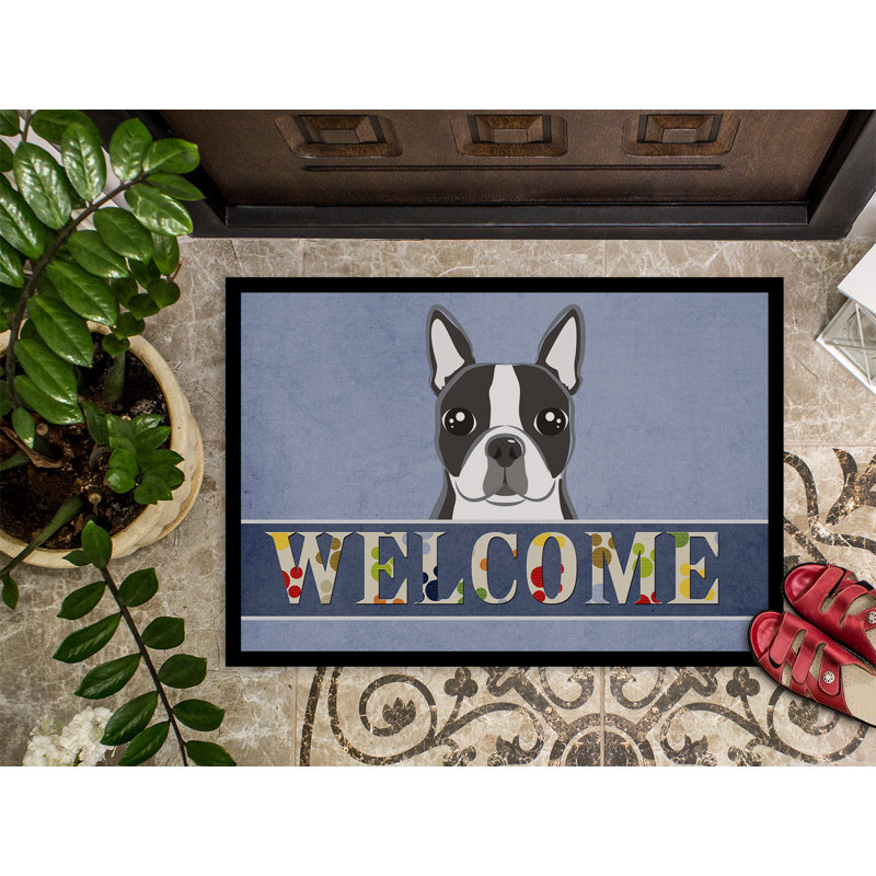 Tapis d'extérieur antidérapant Udall Boston Terrier Welcome, Rectangle 2 pi x 3 pi