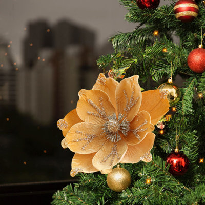 Kbndieu Artificial Fake Flowers Faux Silk Flowers 24CM Powder Flocking Christmas Flower Magnolia High-end Fabric Christmas Decoration Simulation Flower