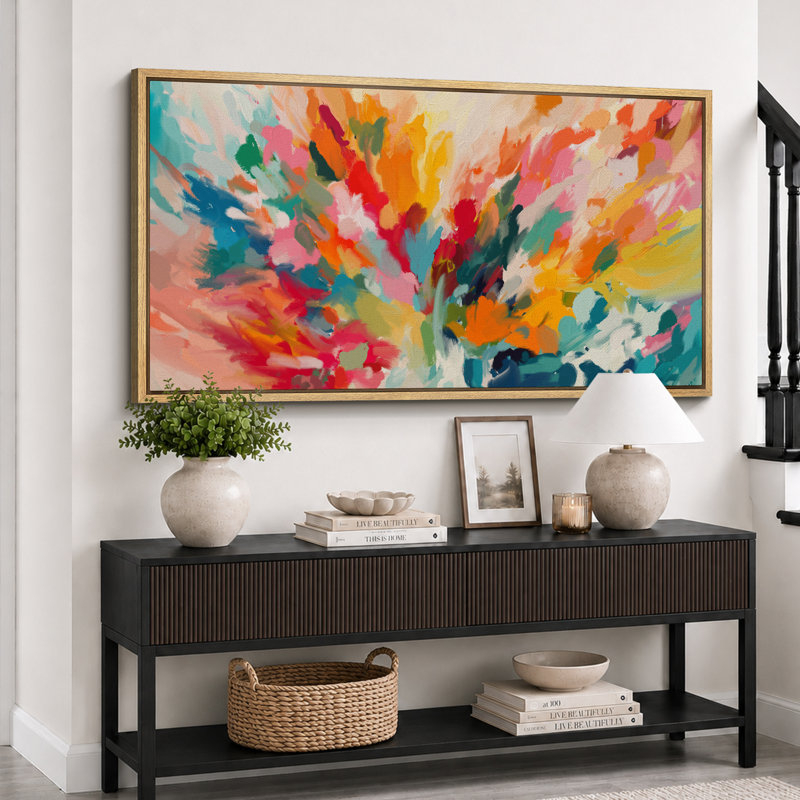 Colorful Burst Bright Abstract Living Room Decor Extra Large Pictures Framed Canvas Print Wall Art, 30" H x 60" W, Natural