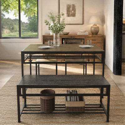 4 Piece Industrial Dining Table Set with 2 Dining Chairs and 1 Storage Bench, Rectangular Wood Grain Kitchen Table with Built-in Wine Rack, Metal Fram