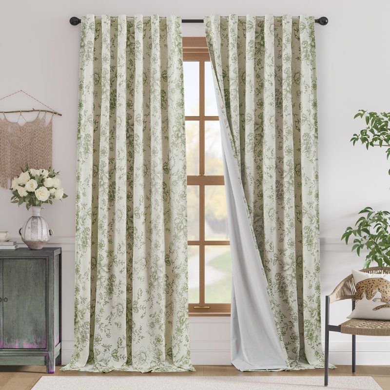 Linen Blackout Peony Flower Printed Rod Pocket Curtain Pair, Green, 50" W x 96" L