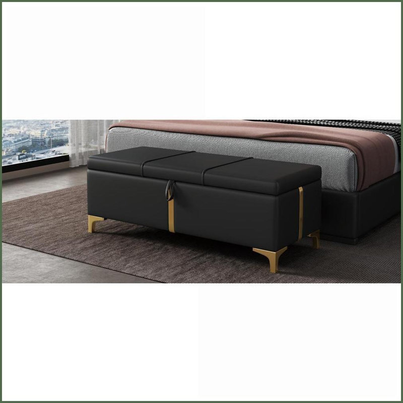 Banc de rangement avec repose-pieds en métal, presque entièrement assemblé | Noir | Polyuréthane