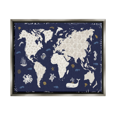 Carte du monde à motif bleu encadrée sur bois par Daphne Brissonnet, impression