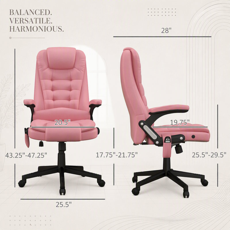 Fauteuil de bureau massant à dossier haut et vibrations, 6 points de vibration, revêtement en similicuir chauffant et inclinable, accoudoirs et télécommande, rose