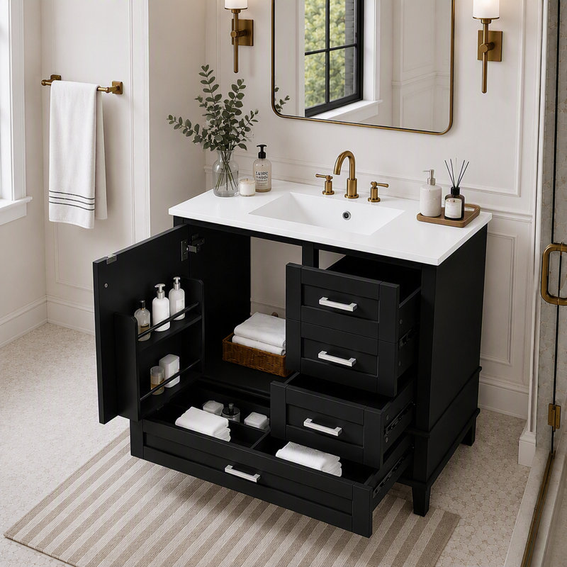 Meuble-lavabo de salle de bain de 36 pouces (91 cm) avec tiroirs et porte à fermeture amortie, Noir