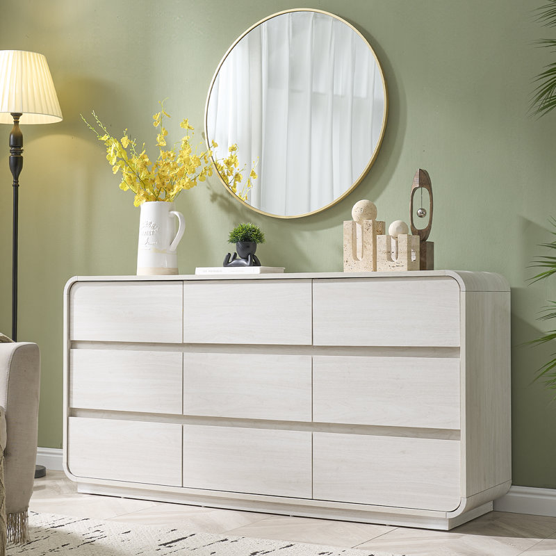 Commode de ferme 9 tiroirs, commode en bois rustique avec texture naturelle, Blanc