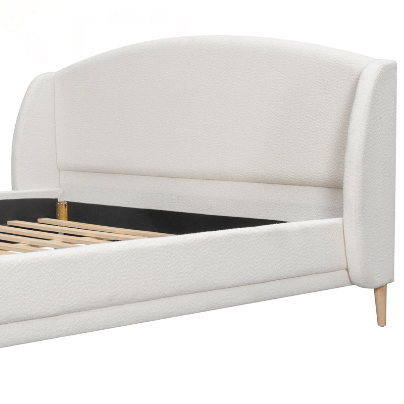 Structure de lit tapissier très grand avec tissu bouclé, tête de lit à oreilles et pieds en bois massif pour les chambres modernes