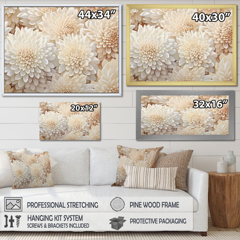 «Pure White Chrysanthemums Mosaic I», reproduction sur toile, Cadre simple noir, H 16 po x l 32 po x P 1 po