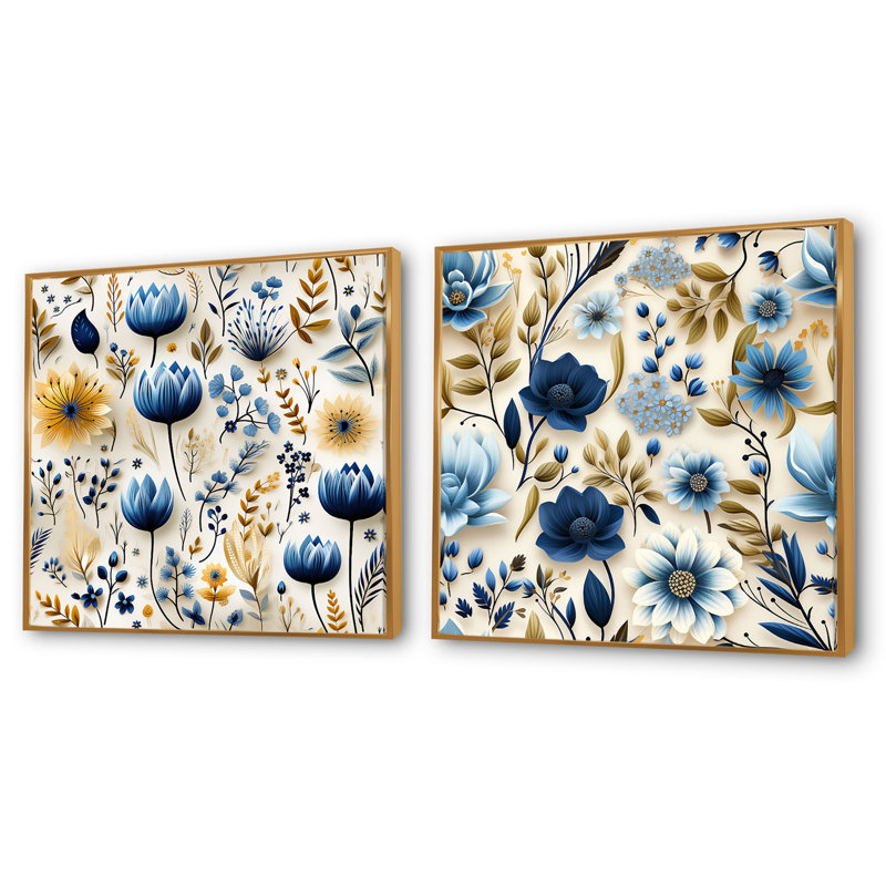 Blue Coastal Dreams - motif floral III - ensemble de 2 collages carrés botaniques abstraits, Cadre flottant doré