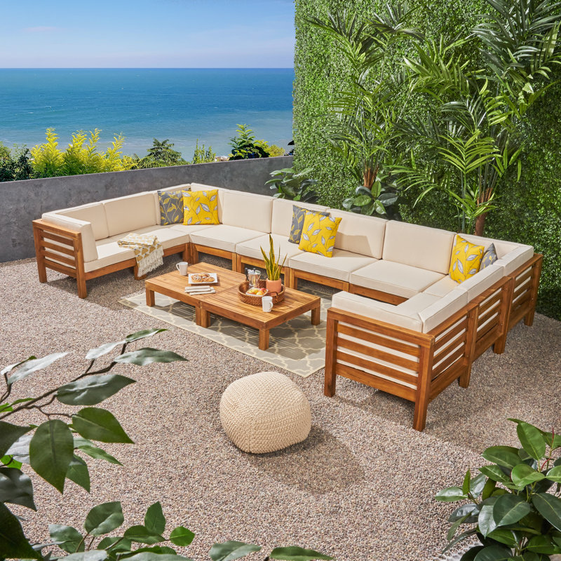 Ajanai Acacia 8 - Person Modular Patio Conversation Set with Cushions, Teak Frame/Beige Cushion