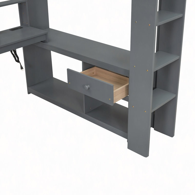 Lit mezzanine en bois avec bureau, tablettes multiples, DEL et station de charge