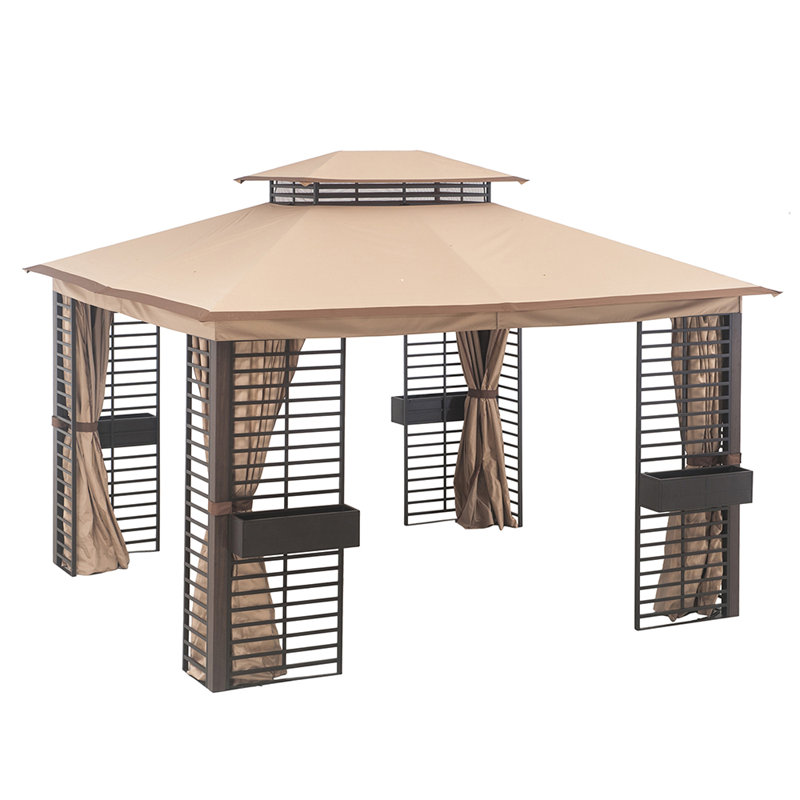Sunjoy 11 ft. x 13 ft. Gazebos with Planters, Contempo Outdoor Patio Steel 2-Tier Soft Top Gazebo with Netting and Curtains
