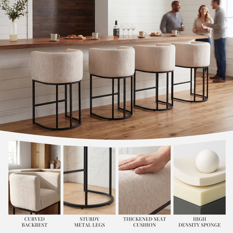 Modern Barrel Counter Stools With Backrest And Arms, Linen Fabric Upholstered Accent Barstools For Kitchen Island, 4, Beige