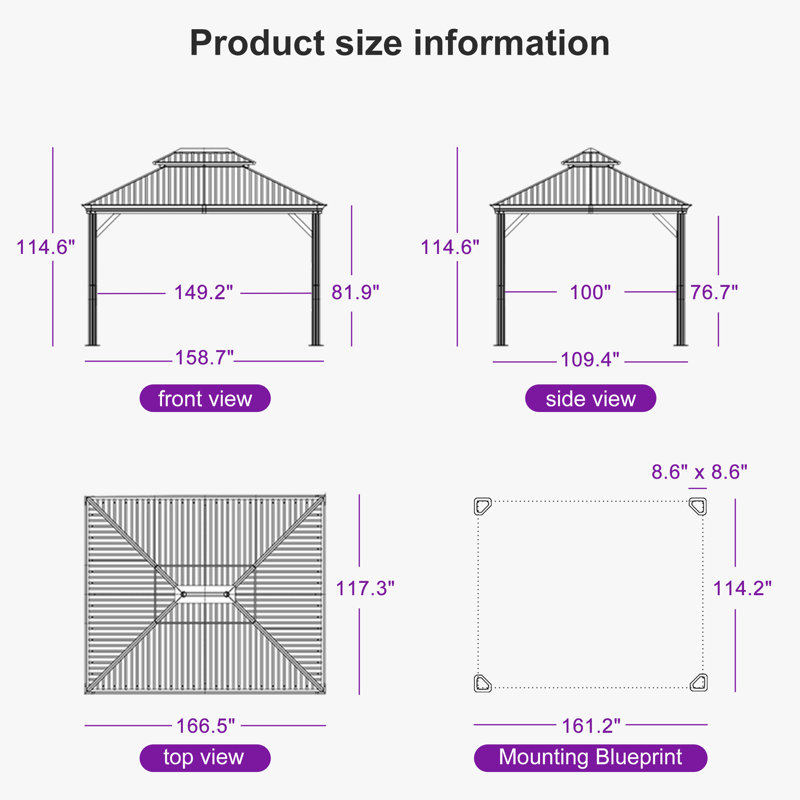 Pavillon de jardin extérieur en aluminium 10 pi x 14 pi à toit rigide mauve avec toit en acier galvanisé double pour terrasse et rideau de pavillon extérieur toutes saisons inclus, gris clair