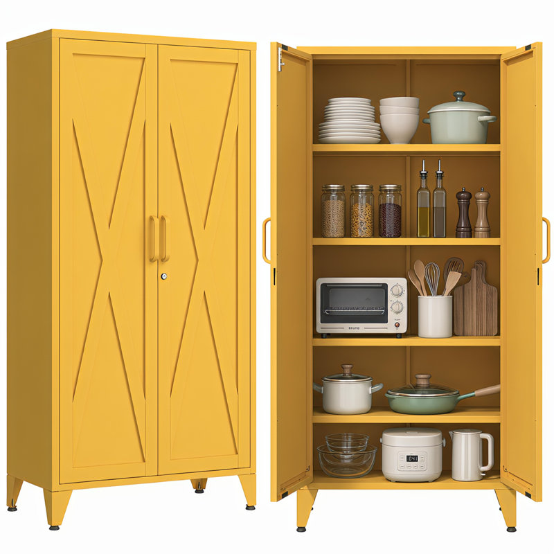 Armoire de cuisine/garde-manger jaune de style ferme, 155 cm de haut, en métal, avec serrure, 2 portes métalliques en forme de X et 3 tablettes réglables. Mobilier sur pied pour la maison, la chambre, le garage ou le bureau.