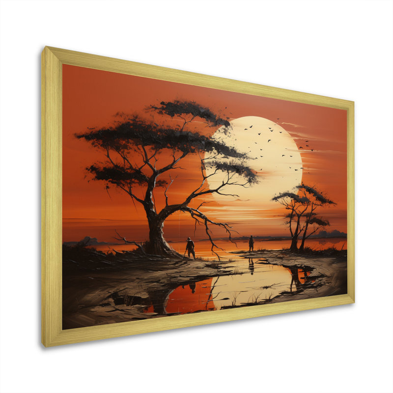 Coucher de soleil africain tribal I - art mural tribal africain, Cadre doré simple, H 16 po x l 32 po x P 1 po