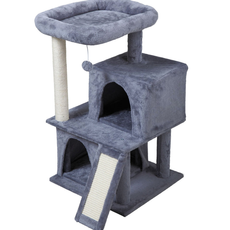 Arbre à chat gris à deux couches avec maison et enveloppé, profondeur de produit de 19,7 pouces, largeur de 17,7 pouces, hauteur de 34 pouces, 25,7 livres, structure stable, deux zones de couchage, décoration, surface d'assemblage simple