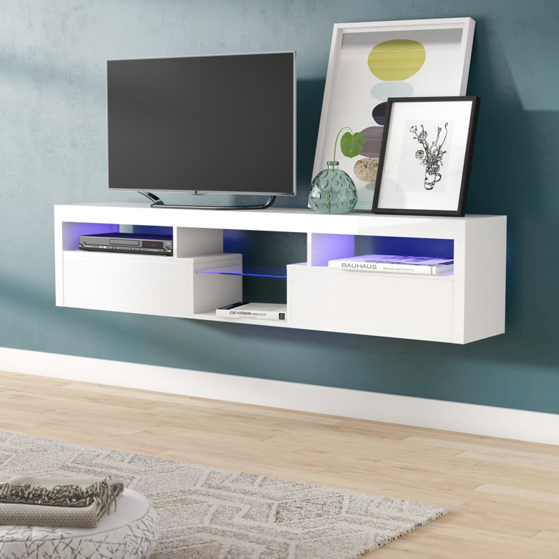 Sabacky Modern Floating Wall Mounted TV Stand for TVs up to 88", White/Black, 17.7"H x 78.7"W x 13.8"D