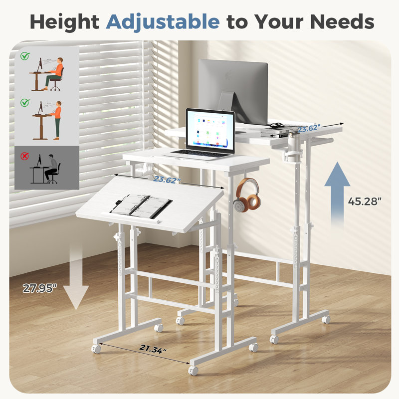 Mobile Height-Adjustable Standing Laptop Table with Tiltable Tabletop, White/White