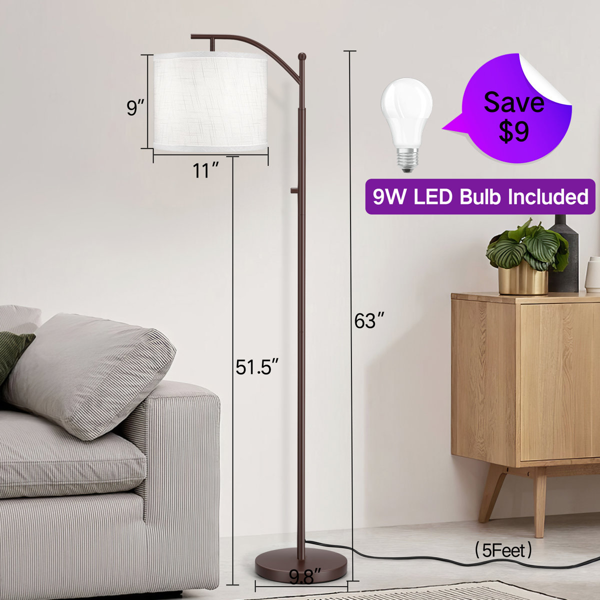 Sunna 63'' LED Arched Floor Lamp with Rotary Switch view 3