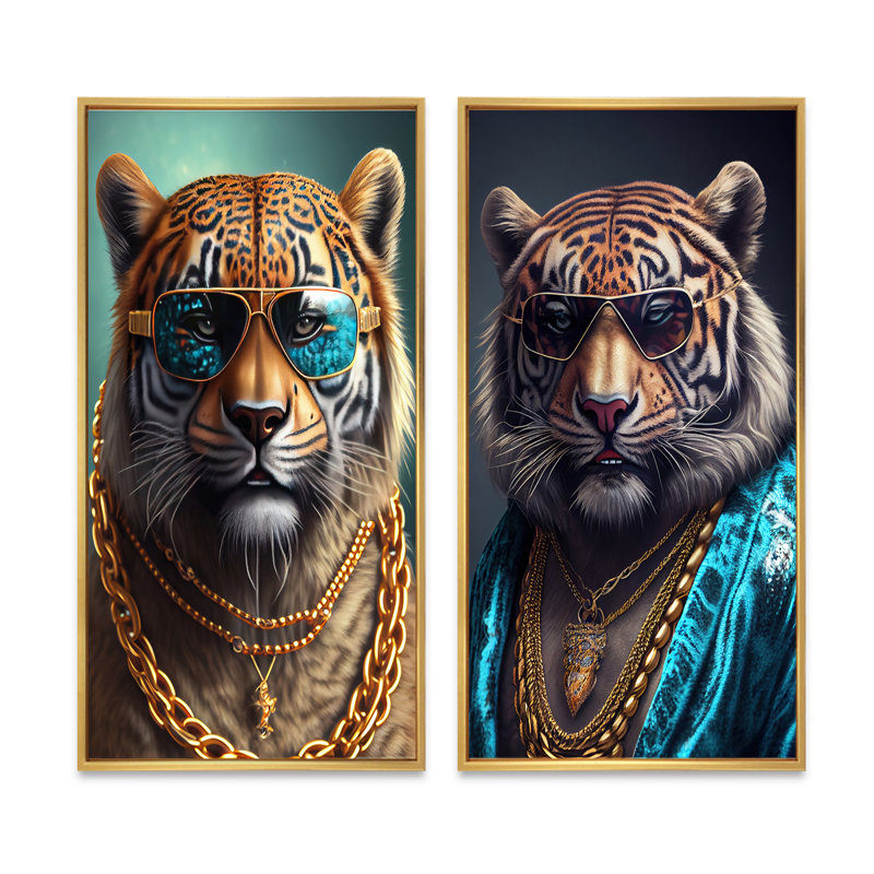 «Tiger Gambler», 2 pièces sur toile, Encadrement doré, H 20 po x l 24 po