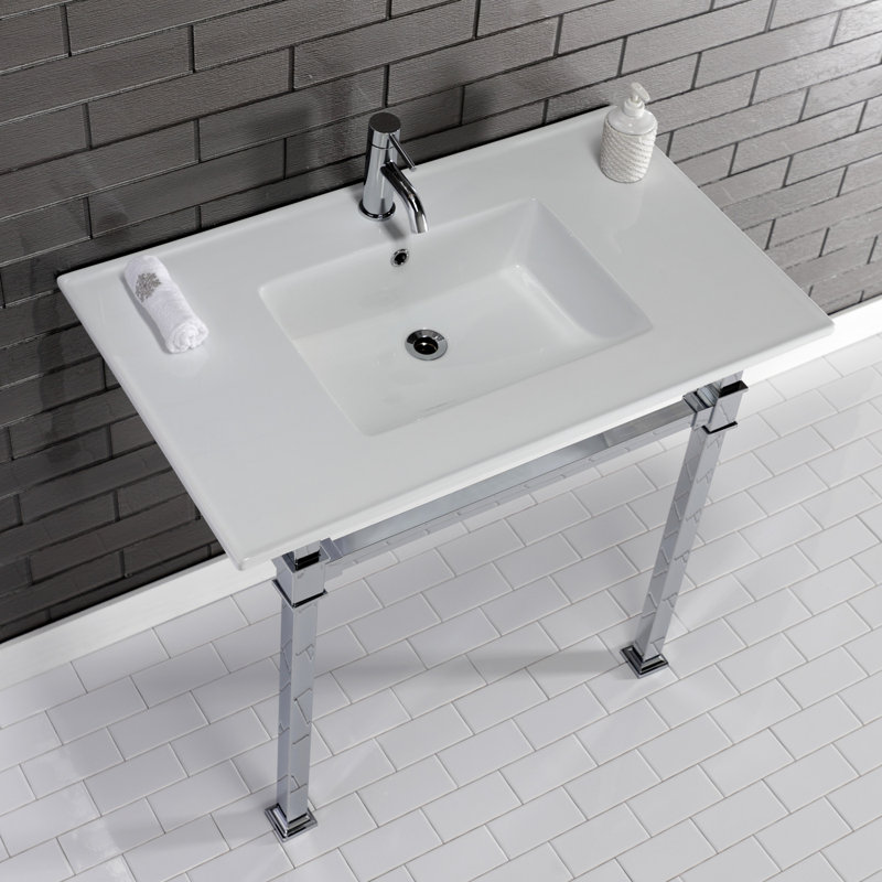Kingston Brass Monarch 37-Inch Ceramic Console Sink with Stainless Steel Legs (1-Hole), White/Polished Chrome