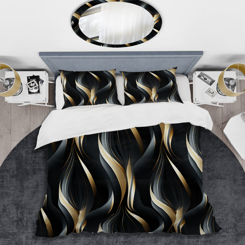 Ensemble de housse de couette à motif abstrait en polyester microfibre Mellow Yellow Harmony, Noir profond et abstrait doré