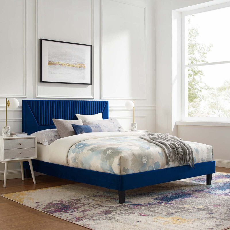Navy Velvet Upholstered Queen Platform Bed with Tufted Headboard