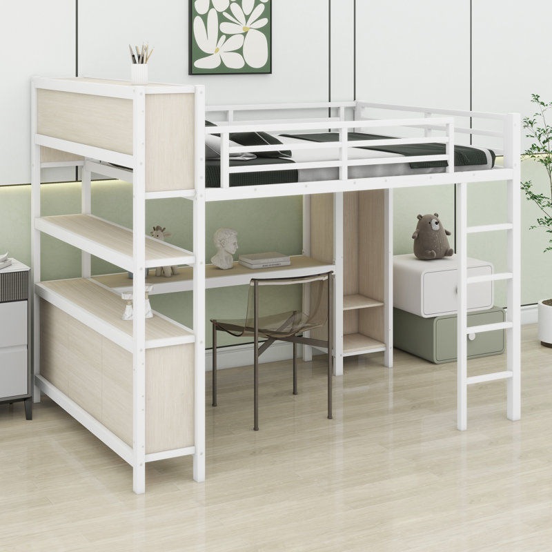 Space-Saving Loft Bed Featuring Built-In Closet, Study Desk, And Organizational Cubes, White Straight Grain