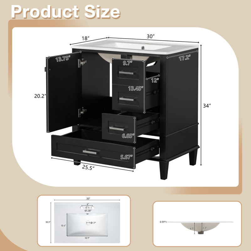 30"Bathroom Vanity with Sink - Soft-Close Doors & Drawers, Solid Wood, Black, Brass