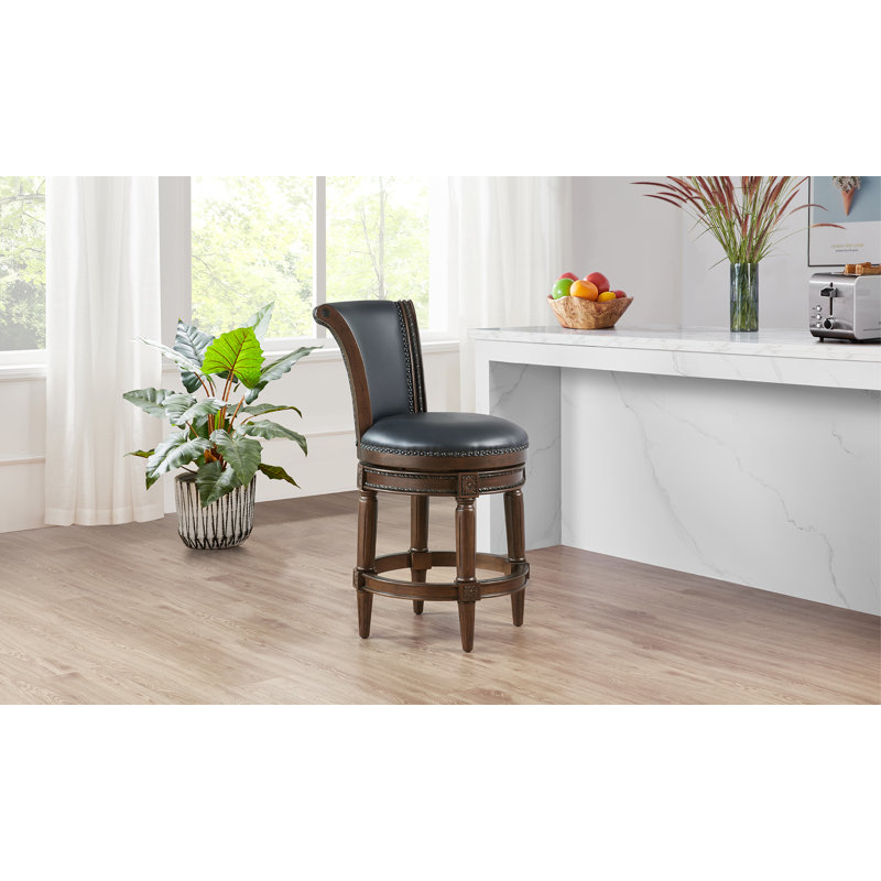 Elveria 25" W Bar Stools with Nailhead Trim, Black/Walnut