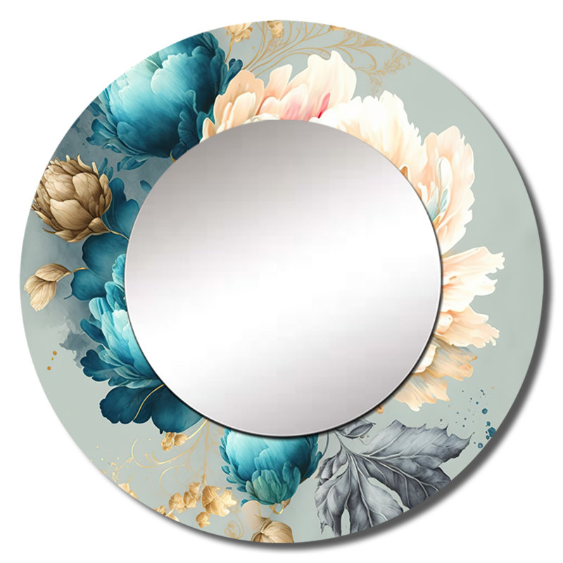 Sorena multicolore Blooming Flowers IV - grand miroir floral, décor de miroir mural rond bleu unique, impression d'art en métal