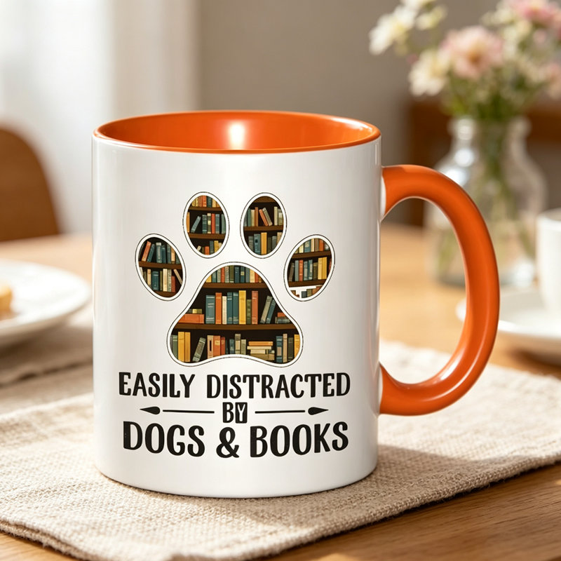 A Ceramic Coffee Mug Featuring a Dog And Book Design, Perfect for Holding Tea, Milk, Or Water.