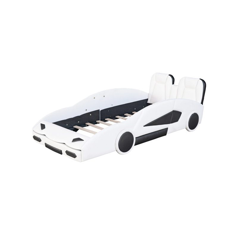 Twin Size Platform Bed With Race Car Design And Movable Function Wheels Guardrails, White - Stylish Protected Bedroom Option Appearance Wheels, Essential
