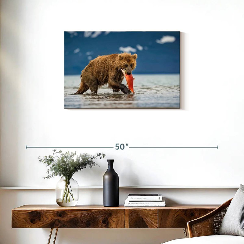 Grizzly de Brampt mangeant du saumon, H 20 po x l 30 po