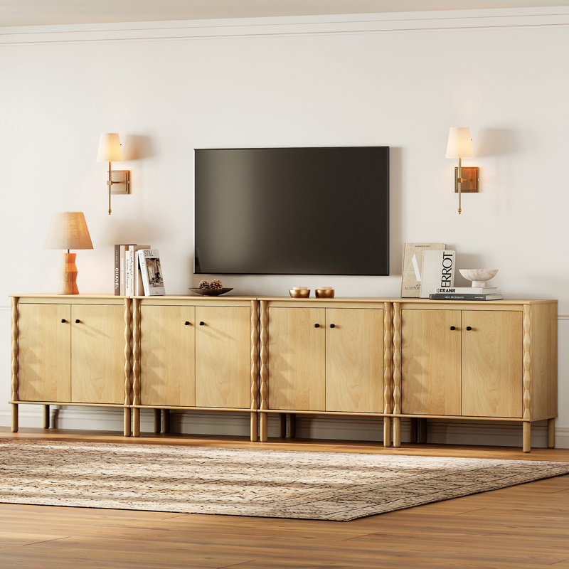 Meuble télé 8 portes avec pieds en bois pour le salon, chêne, 31.3"H x 126"L x 15.7"W, Oak
