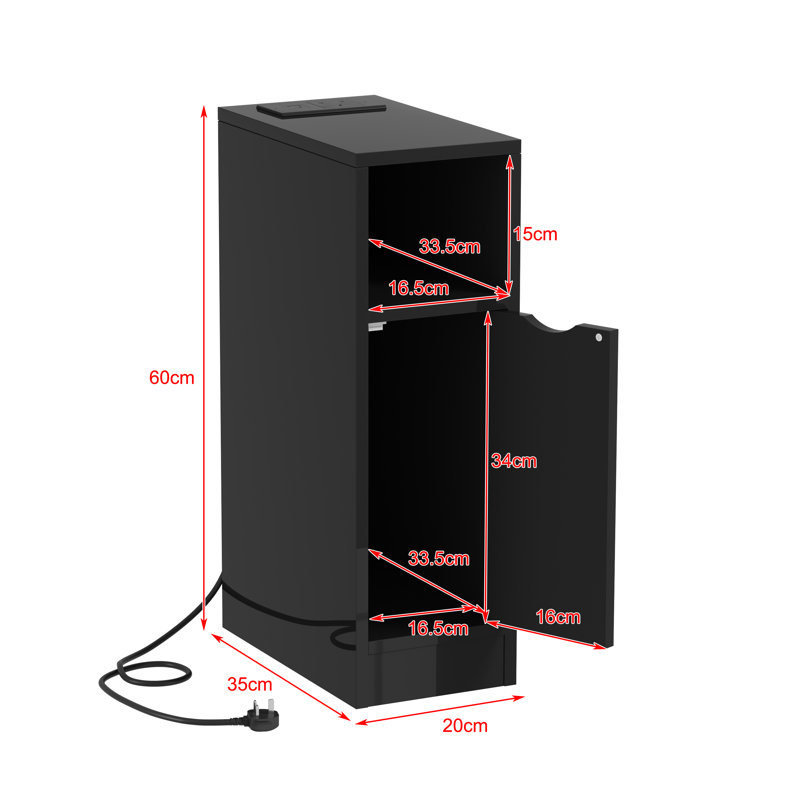 20 cm W Bedside Table, Black High Gloss Door