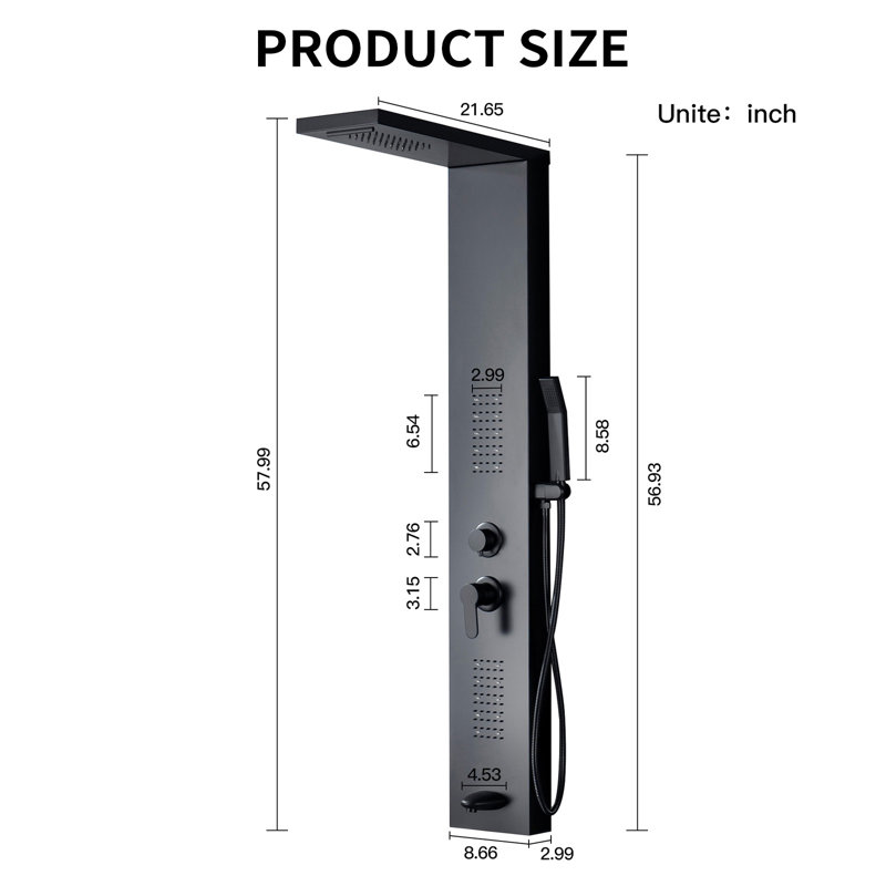 5-way Diverter Shower Tower Panel System with Fixed Shower Head, Matte Black