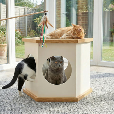 22" Playful Solid Wood Cat Litter Box Enclosure Furniture With High-Quality Glass Desktop
