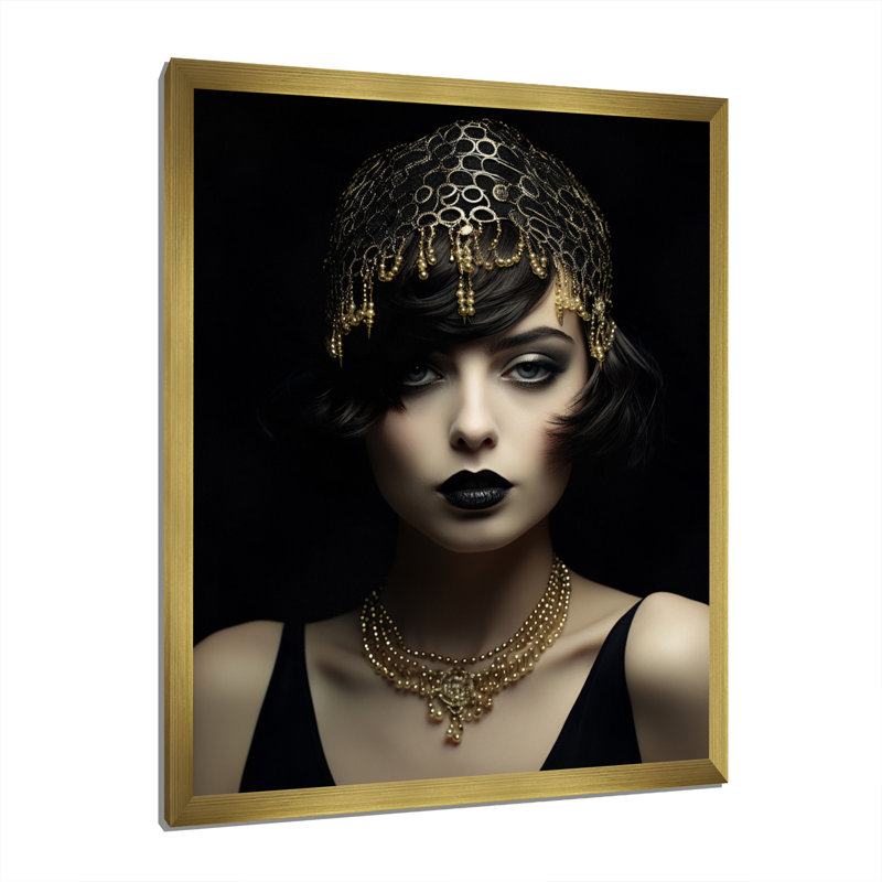 «Vintage Retro Glam 1920 Woman Portrait I - Woman Fashion», reproduction d'art sur toile encadrée, Cadre doré simple