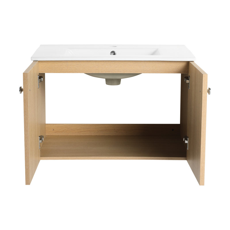 30" Bathroom Vanity In Oak Plywood With Ceramic Sink - 2 Doors, Generous Storage Space, Effortless Assembly Storage,