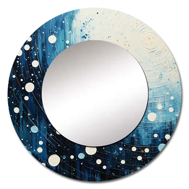Teal White Mid Century Minimalist Rain I - Minimalism Mirror, Modern Round Decorative Wall Mirror, Printed Metal Art
