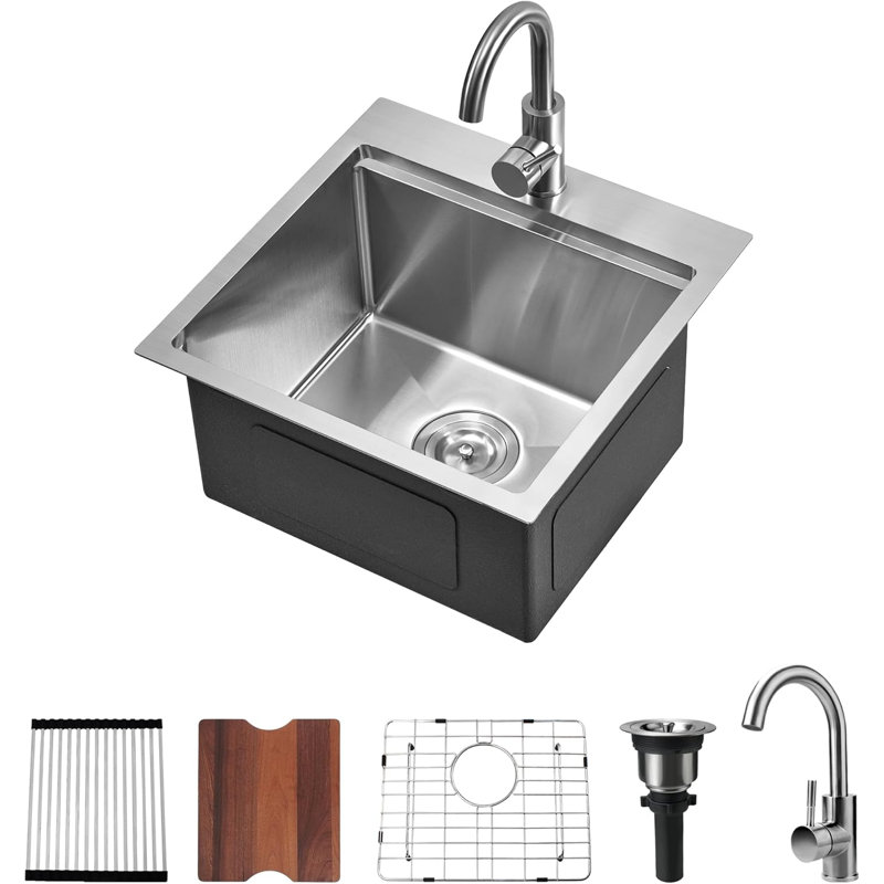 Évier de cuisine 18 po avec robinet, évier de bar encastrable 18 po x 18 po Scamall, Acier Inoxydable