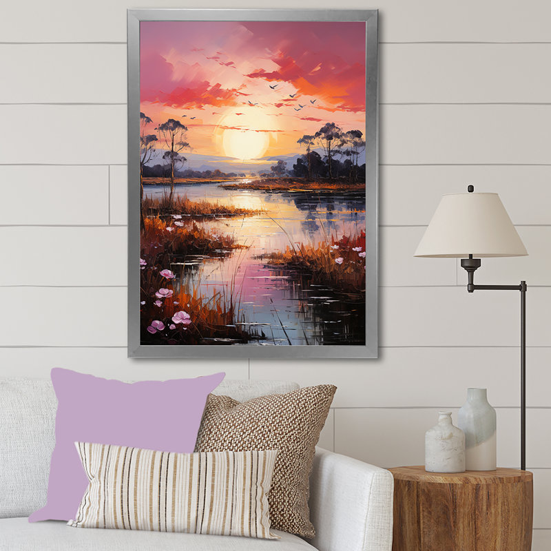 «Lakeside Sunrise Tranquility I», reproduction sur toile, Cadre simple argenté, H 32 po x l 24 po x P 1 po